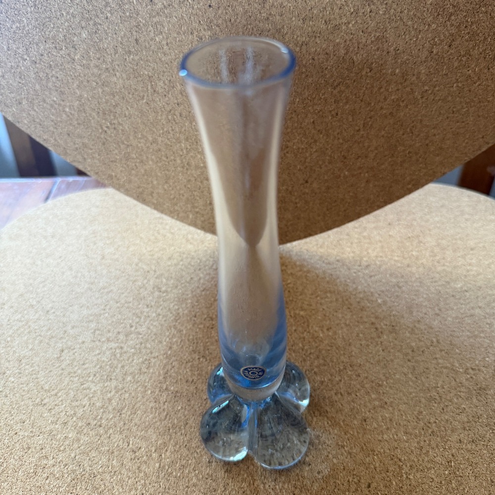 Vintage Swedish Art Glass Bud Vase Blue Clover Base Made in Sweden MCM 8 Inch